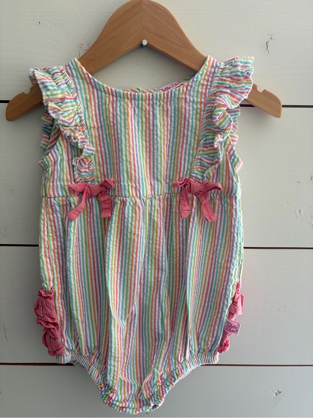 Ruffle Butts Pastel Multi-Stripe Ruffle Bubble Romper with Pink Bows